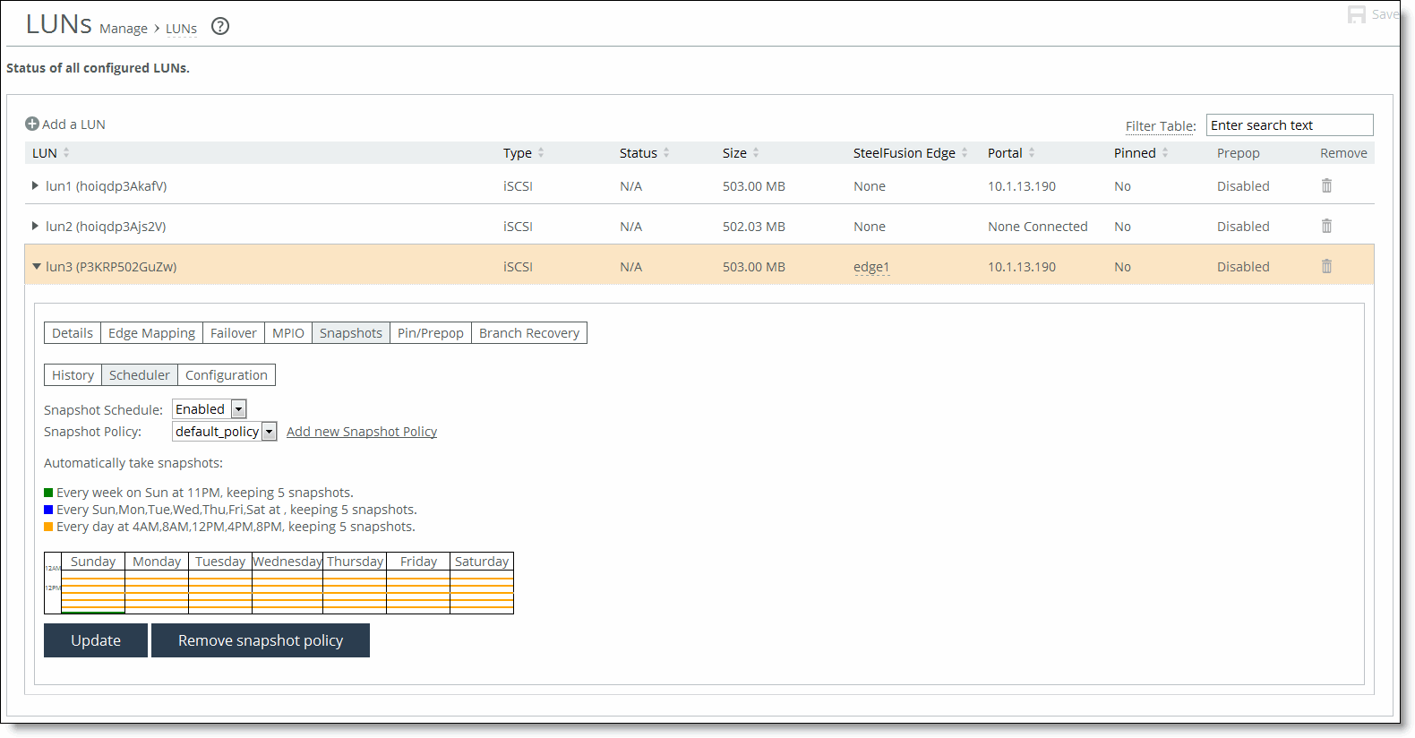 Applying a snapshot schedule policy to a LUN