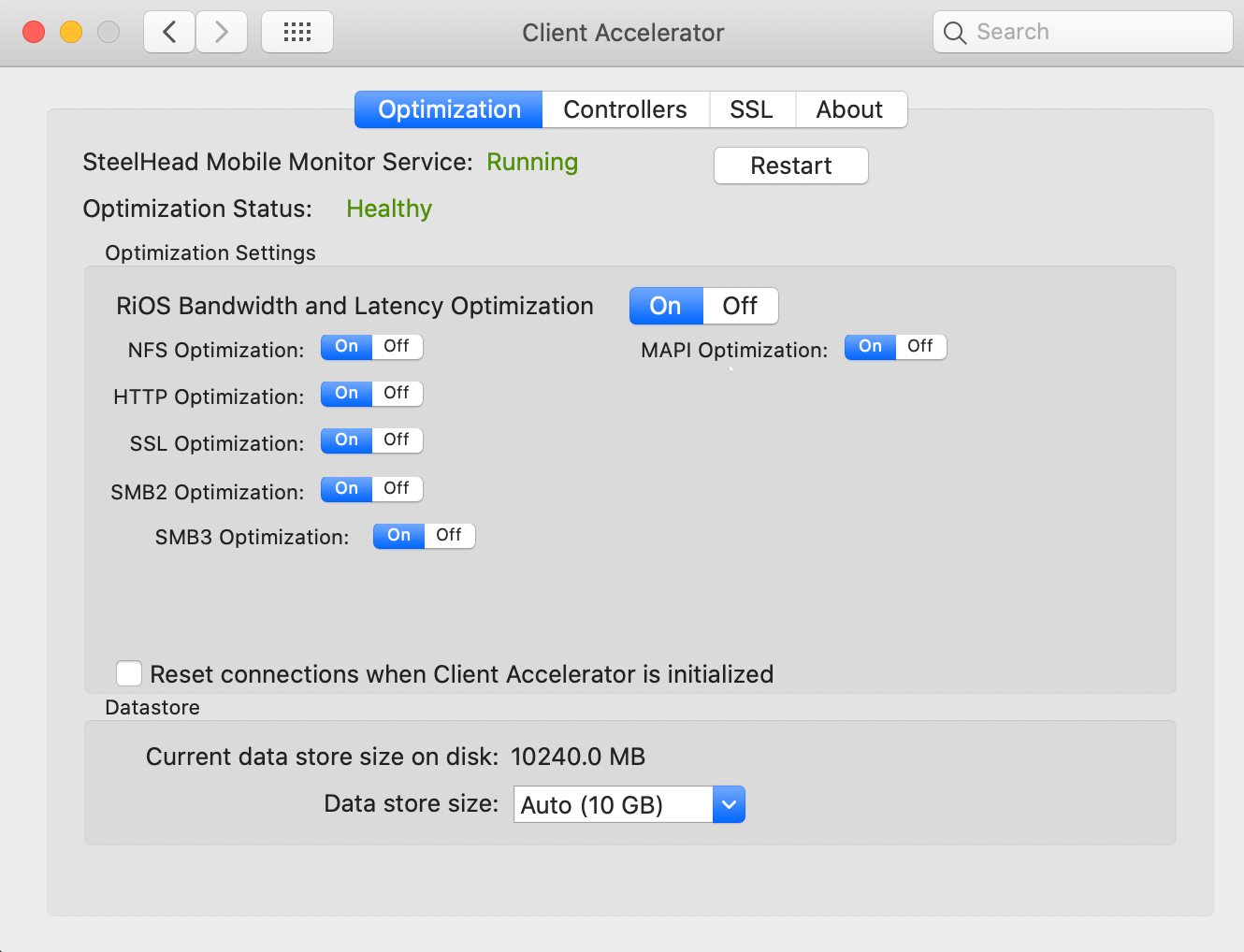 macOS Client Accelerator endpoint properties